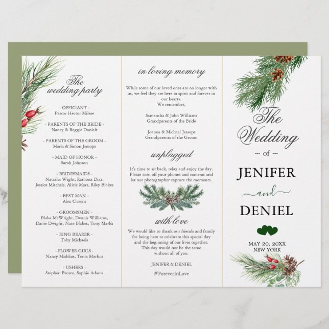 Rustic Winter Berry Pine Greenery Wedding (Frente/Verso)