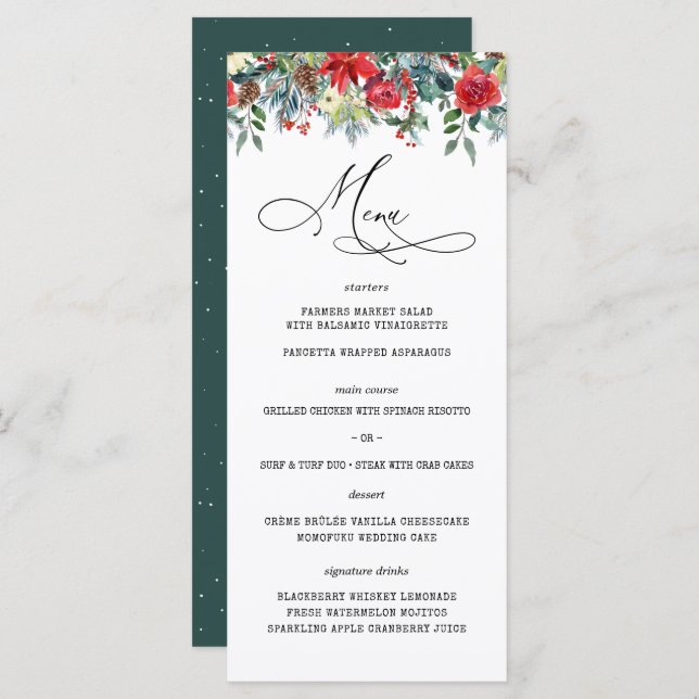 Rustic Winter Floral | Menu Casamento Moderno (Frente/Verso)