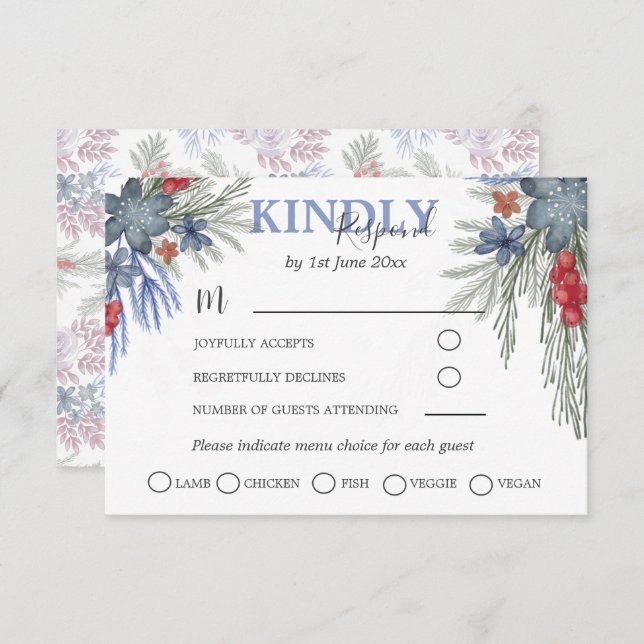 Rustic Winter Greenery Watercolor Weding RSVP (Frente/Verso)