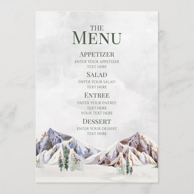Rustic Winter Mountain Forest Wedding Menu (Frente)