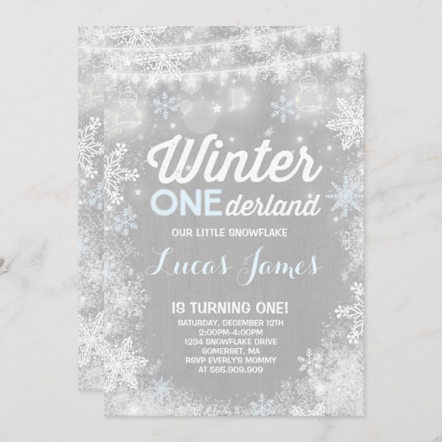 Rustic Winter ONE Derland Birthday - Convite Azul (Frente/Verso)
