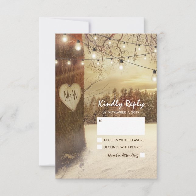 Rustic Winter Tree Twinkle Lights Weding RSVP (Frente)