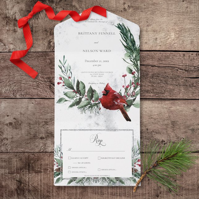Rustic Winter Wreath & Red Cardinal Janto (Rustic Winter Wreath & Red Cardinal All In One Wedding Invitation with Dinner Selection Options)
