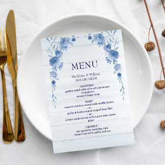 Rustic Wood  Blue Floral Elegant Wedding Menu