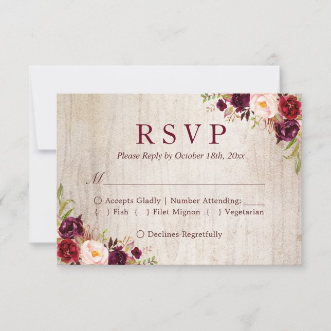 Rustic Wood Burgundy Red Floral Casamento RSVP (Frente)