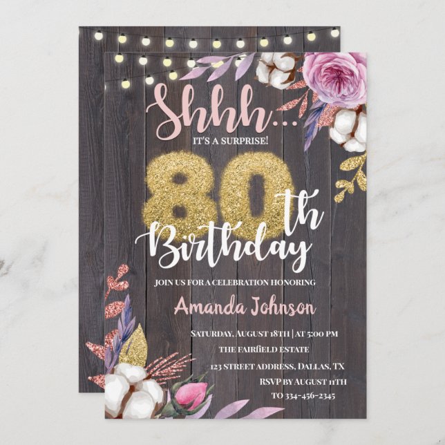 Rustic Wood Floral Cotton 80 Aniversário Convite (Frente/Verso)