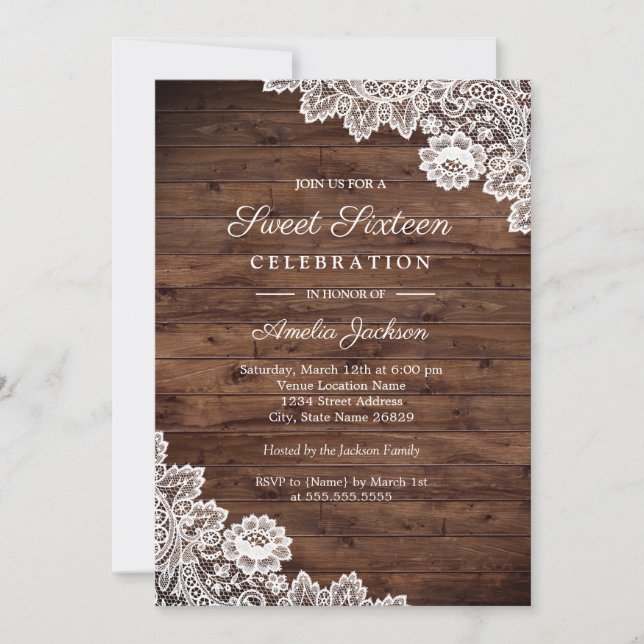 Rustic Wood Lace Sweet 16 Convite (Frente)