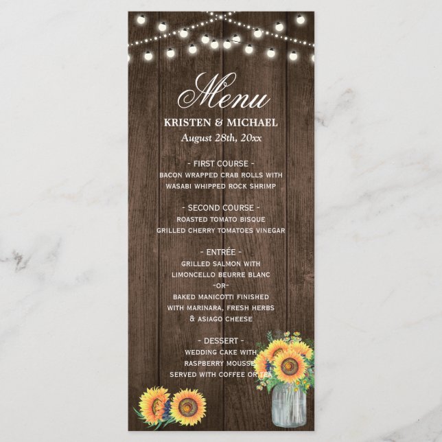 Rustic Wood String Lights Sunflower Menu Casamento (Frente)