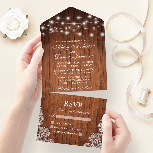Rustic Wood String Luzes Lace Casamento (All In One Wedding Invitation with tear off RSVP Card)