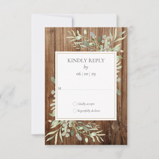 Rustic Wood Watercolor Greenery Casamento RSVP (Frente)