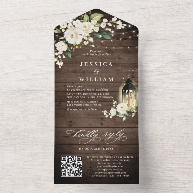 Rustic Wood White Roses Casamento Código QR (Inside)