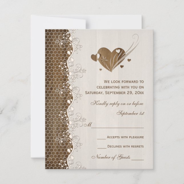 Rustic Woodgrain Floral Lace Hearding RSVP (Frente)