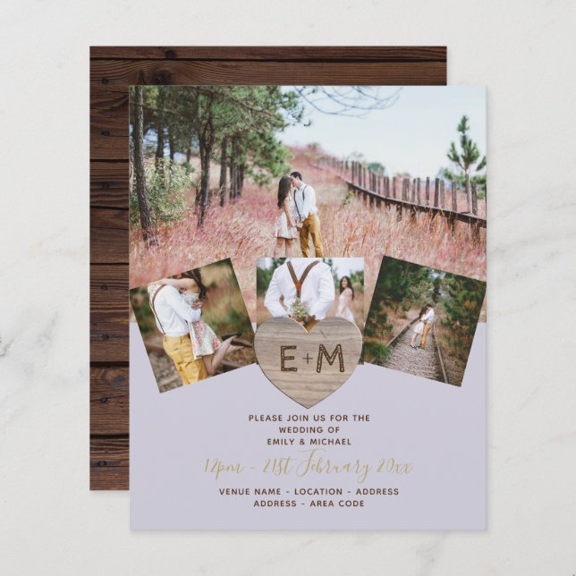 Rústica Madeira Gravada Coração FOTO COLLAGE Convi (Frente/Verso)