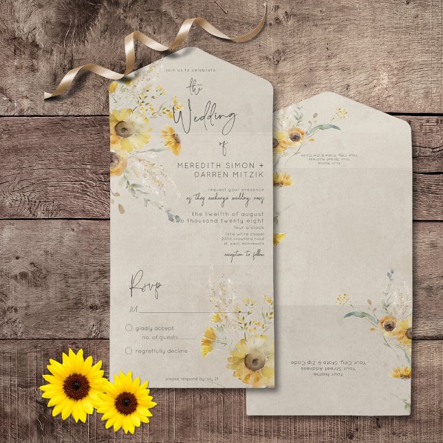 Rústico Amarelo e Marrom Verão Girassol Sem Janto (Rustic Yellow & Brown Summer Sunflower All In One Wedding Invitation without Dinner Options)