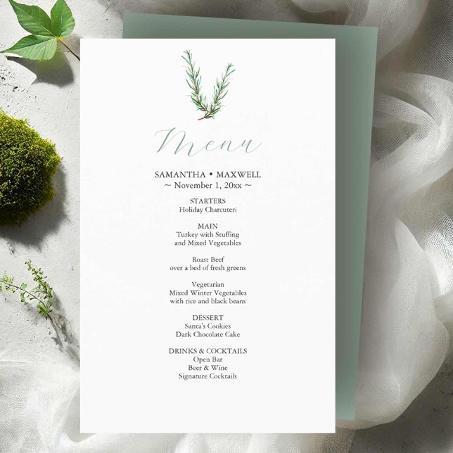 Rústico Aquarela Rosemary Orçamento Menus de Casam (Wedding menu card with a sprig of watercolor botanical art by Victoria Grigaliunas Do Tell A Belle)
