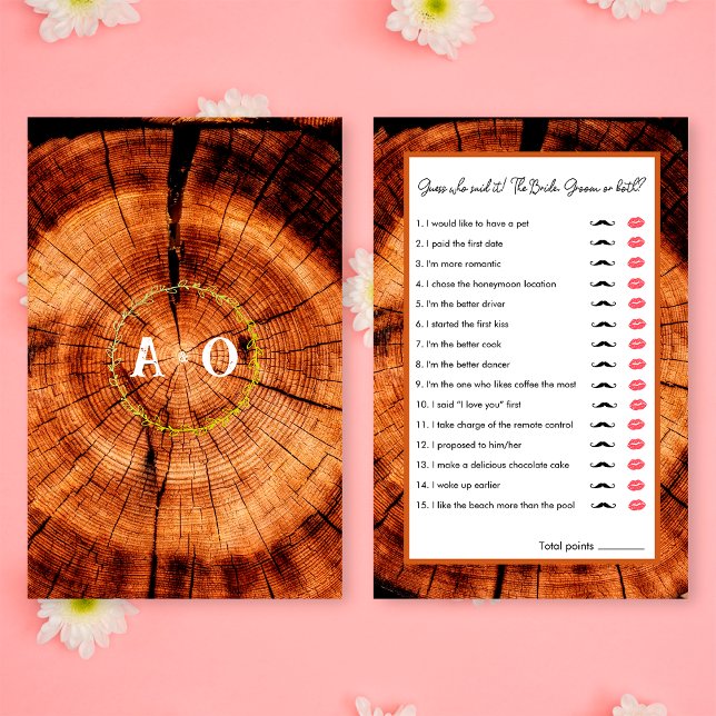 Rústico Casamento Madeira Adivinha Quem Joga Chá d (Front/Back)