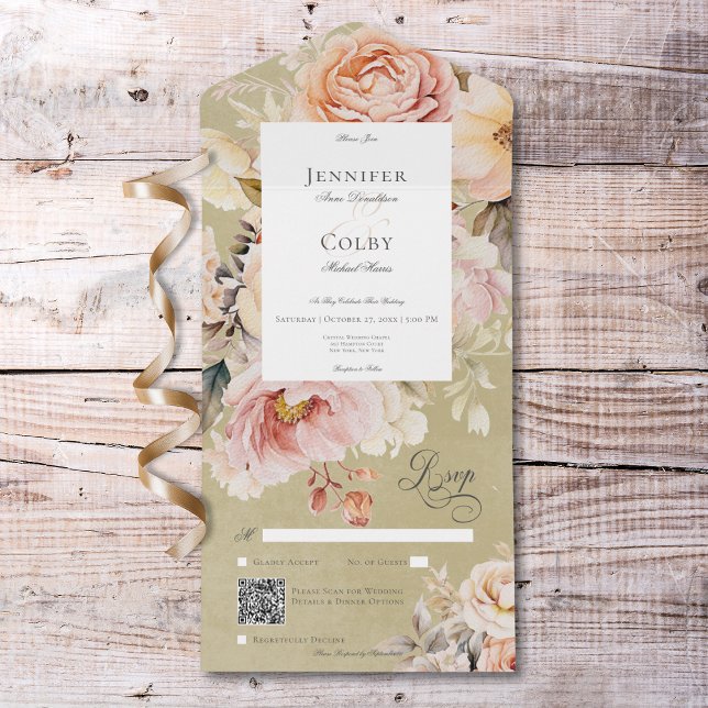 Rústico cor-de-rosa e Rosas embebidos Código QR Ve (Rustic Romantic Pink & Blush Roses Green QR Code All In One Invitation)