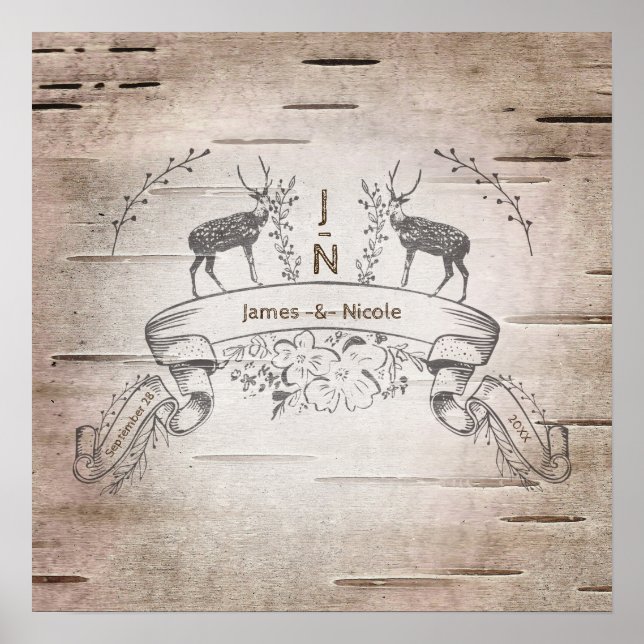 Rústico Deer & Branches Birch Banner Poster (Frente)