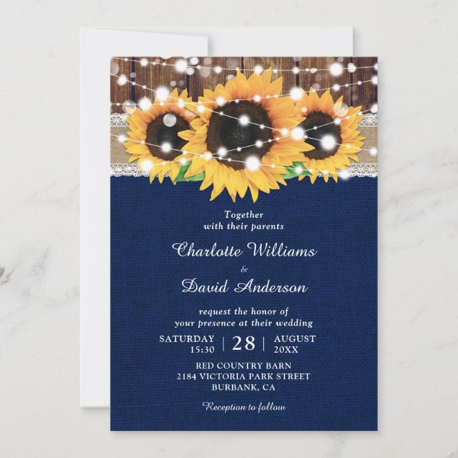 Rústico girassol e Marinho Blue Wedings Convites (Frente)