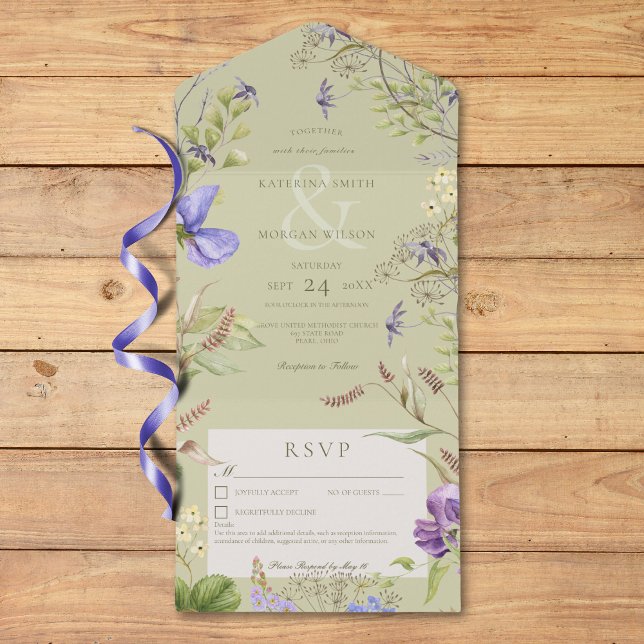 Rústico Lavanda Selvagens Flores Selvagens Detalhe (Rustic Lavender Sage Wildflowers White Details All In One Invitation)