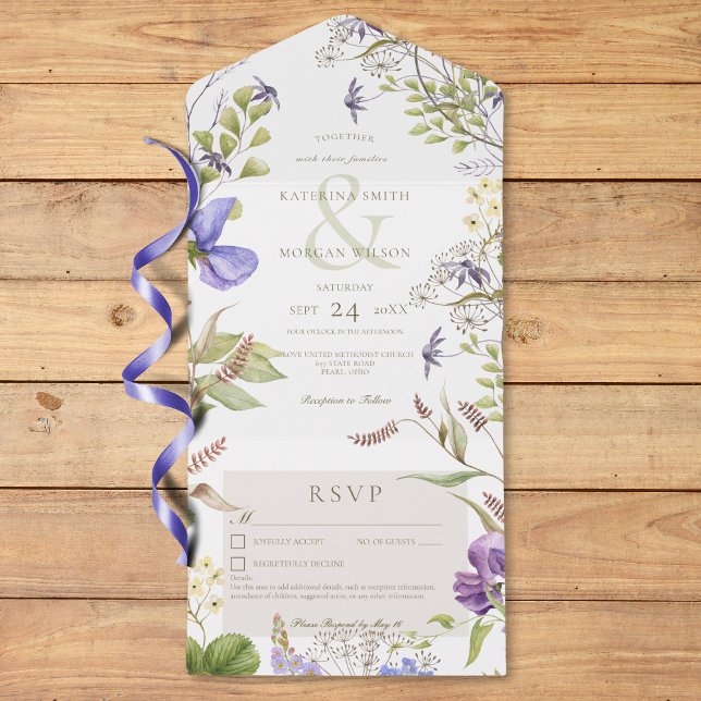 Rústico Lavanda Selvagens Flores Selvagens Detalhe (Rustic Lavender Sage Wildflowers White Details All In One Invitation)