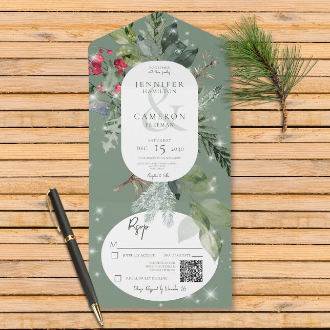 Rústico Pinheiro Verde e Holly Winter Sparkle Códi (Also available without a QR code; with or without dinner selection options.)