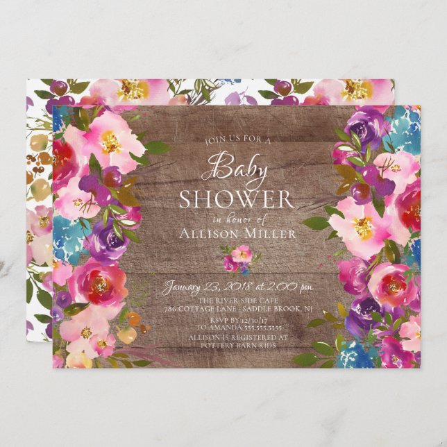 Rústico, Rosa-Rosa, Floral, BABY, Convites para Ch (Frente/Verso)