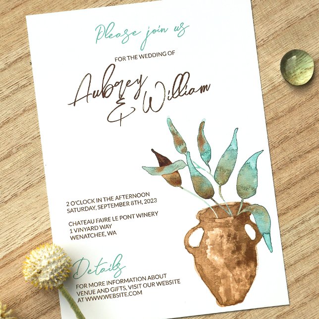Rústicos Folhas Verdes, Convites De Casamento De P (Clay Terracotta Pot, Eucalyptus Green Leaves Simple Botanical Wedding Invitation, Painted Watercolor)