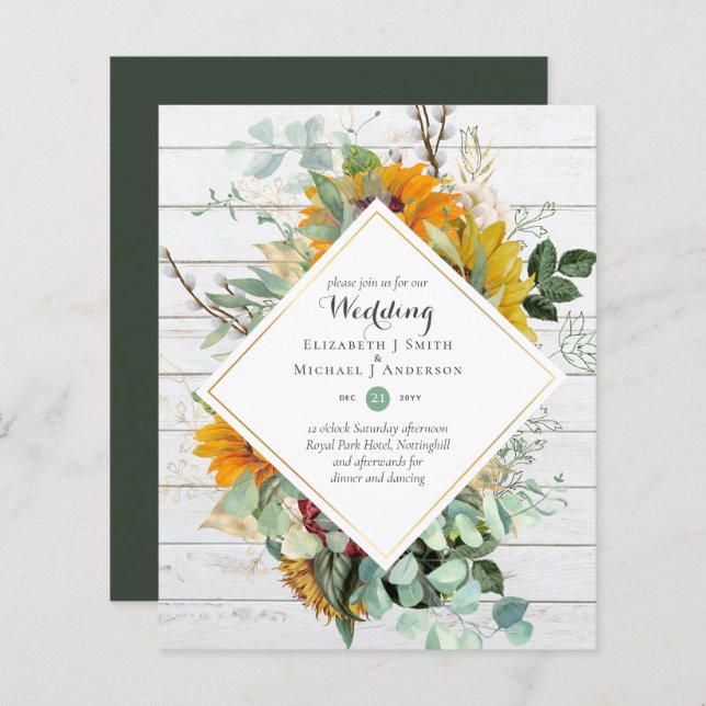 Rústicos Girassóis Eucalyptus Greenery Casamento I (Frente/Verso)