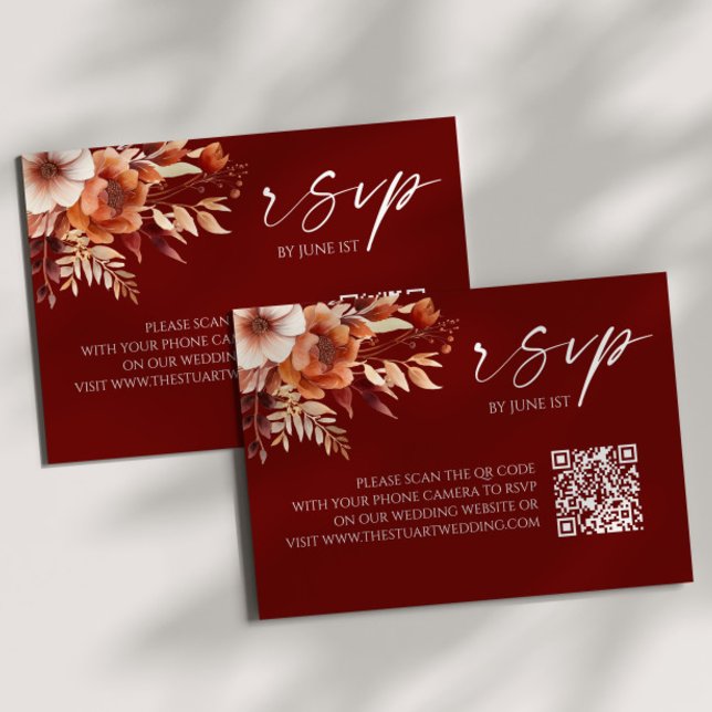 Rusty Burgundy Floral Código QR Casamento Cartão R (Criador carregado)