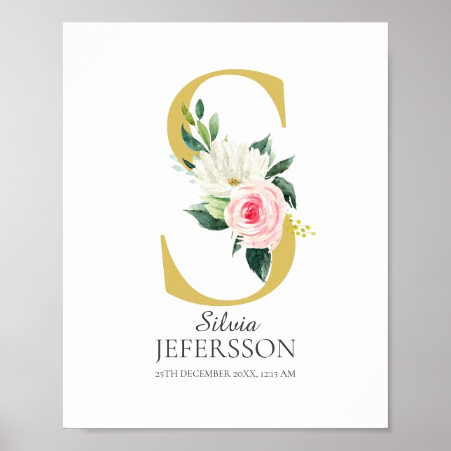 S Letter Monogram with Flowers Poster (Frente)