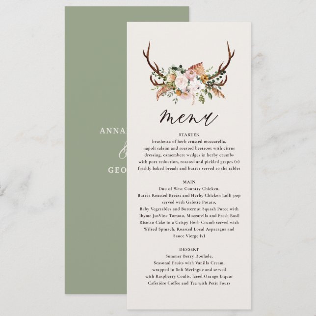 sábio verde menu de casamento elegante cor-de-rosa (Frente/Verso)