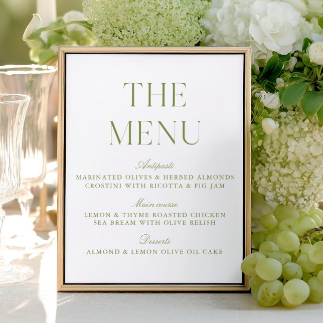 Sábio Verde Sage - Sinal de Menu (Elegant Sage Green Wedding Menu Sign)