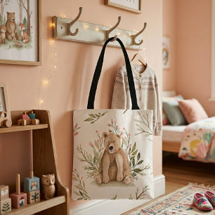 Saca de tote com ilustração de urso animal da flor
