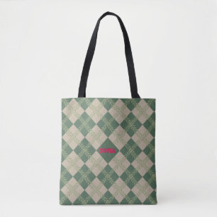 Saca tote com nome padrão argyle verde vermelho