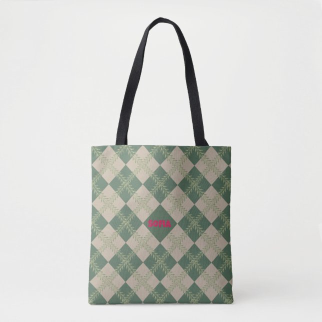 Saca tote com nome padrão argyle verde vermelho (Frente)