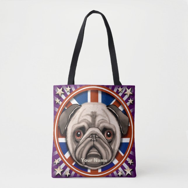 Saca Tote com Pug da Inglaterra por todos os lados (Frente)