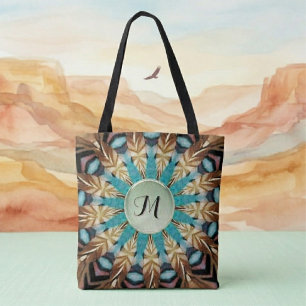 Saca Tote Mandala Teal, marrom, azul e Verde com P