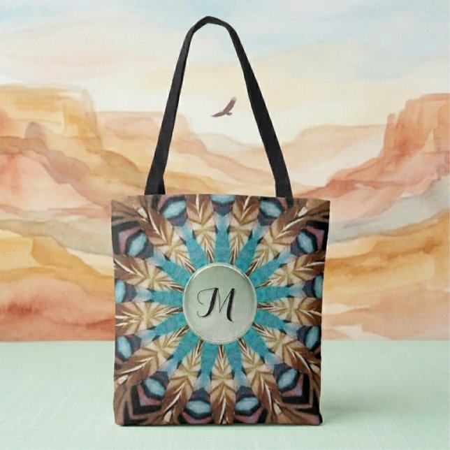Saca Tote Mandala Teal, marrom, azul e Verde com P (Criador carregado)