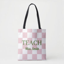 Saco de nome personalizável Teach Tote Rosa Xadrez