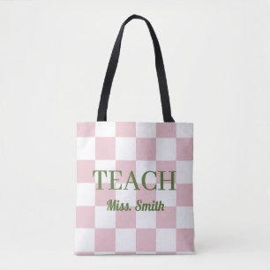 Saco de nome personalizável Teach Tote Rosa Xadrez