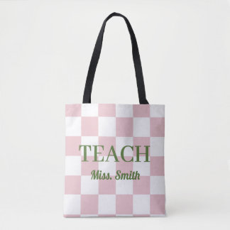 Saco de nome personalizável Teach Tote Rosa Xadrez