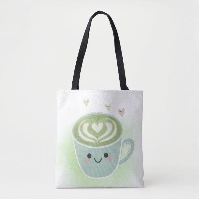 Saco de ombro Tote Matcha Latte Heart (Frente)
