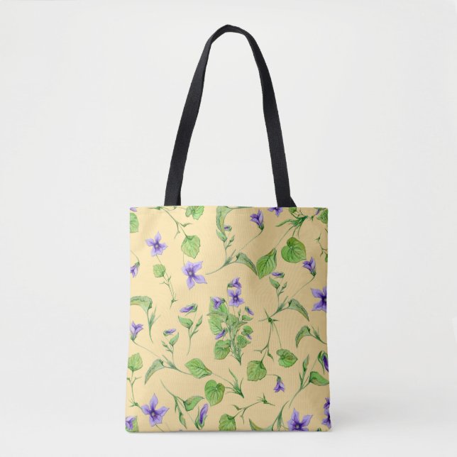 Saco de Tote Amarelo de Verão com Violetas (Frente)