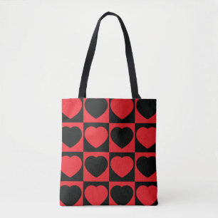 saco de tote de corações preto e vermelho