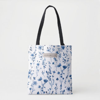 Saco de Tote de Flor Selvagem Azul-Algodão Francês