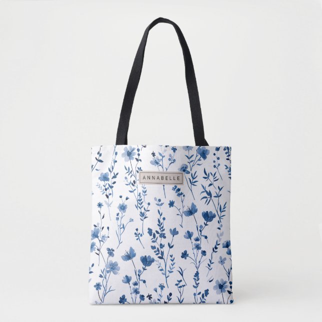 Saco de Tote de Flor Selvagem Azul-Algodão Francês (Frente)