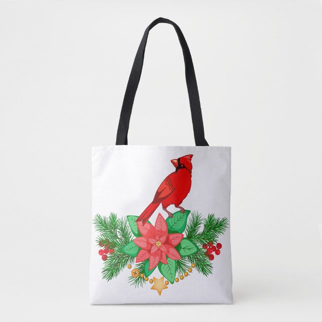 Saco de Tote do Cardinal Vermelho (A white tote bag with black handles features a festive design.)