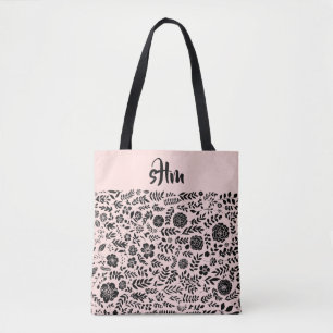 Saco de Tote do Padrão Floral Preto, Rosa, Cor-de