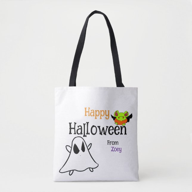 Saco de Tote Feliz Halloween com ghostie e sapo (Frente)